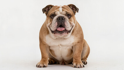 Obraz premium Happy Bulldog Sitting with Tongue Out on White Background