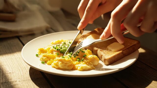 Breakfast scene scrambled eggs and toast on a plate with butter