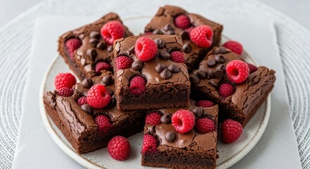 Fototapeta premium Delicious Brownies Topped with Fresh Raspberries and Chocolate Chips on a White Plate