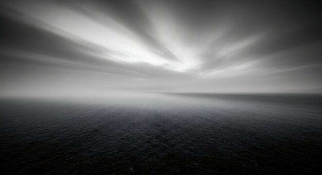 Vast ocean seascape with dramatic crepuscular rays breaking through long exposure clouds in black and white minimalist style.