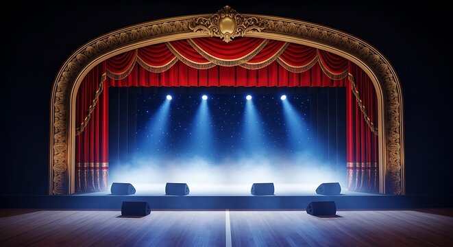 Empty classic theater stage with red velvet curtains and ornate proscenium arch under dramatic spotlights and haze.