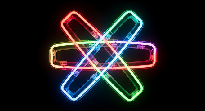 Vibrant Glowing Neon Outline of Three Interwoven Cross-Shaped Tubes with Luminous Ultraviolet Fluorescence Isolated on Pitch Black Background Digital Abstract Art Illustration