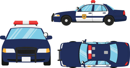 Police patrol car vector illustration with front, side and top views detailed law enforcement vehicle for security, emergency response design © Md