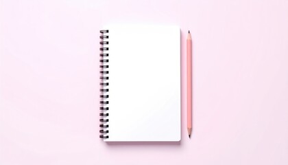 Minimalist flat lay of a blank spiral notebook and a pink pencil on a soft pastel background.