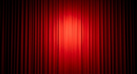 Closed red theater curtain background with a central spotlight creating a dramatic and elegant atmosphere for a show.