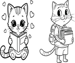 Cute cat reading color page for kids with hearts and books