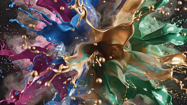 A high-velocity capture of fluid acrylic paints exploding in brilliant blues, pinks, and oranges against dark backdrop symbolizing creative energy and artistic expression