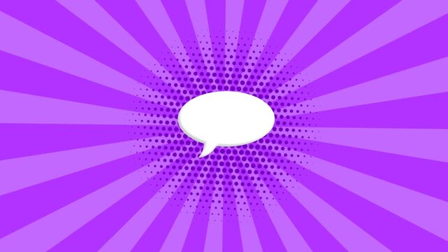 Abstract comic cartoon speech bubble animation with halftone dot pattern background and soft purple sunray spiral lines