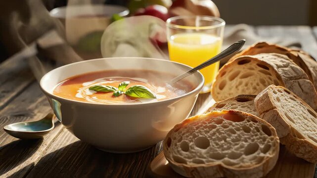 Close up of soup bowl with fresh bread and juice overhead shot