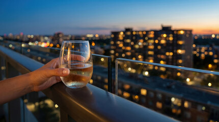 Fototapeta premium Woman holding glass of white wine on balcony of modern apartment. Evening view of city lights from luxury rental home. Lifestyle concept for urban living and relaxation in residence.