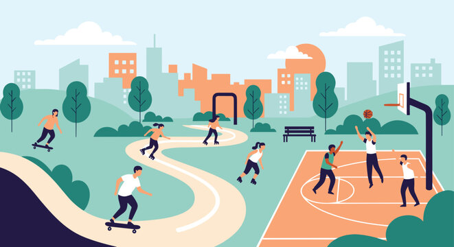 Vibrant scene of people enjoying various sports activities in an urban park including skateboarding, rollerblading, and basketball.