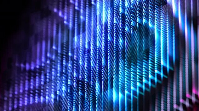 Flowing digital waves made of glowing pixels. Abstract technology background, digital sound waves and artificial intelligence concept. Waves of luminous pixels forming sound waves, slow motion looped
