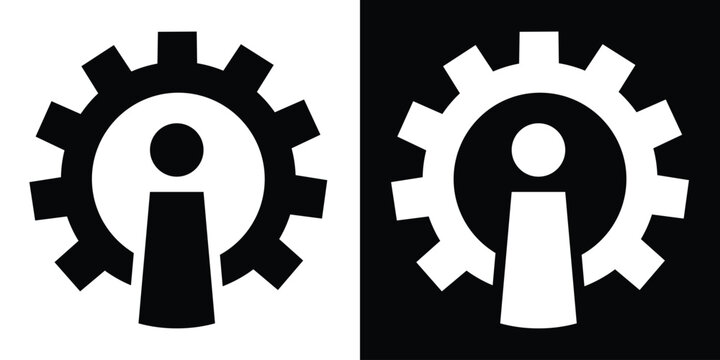System information and technical details icon. A gear silhouette containing an "i" symbol for mechanical specifications, settings info, and industrial data guidance.