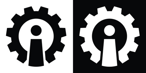 System information and technical details icon. A gear silhouette containing an "i" symbol for mechanical specifications, settings info, and industrial data guidance.