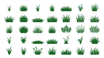 Fototapeta premium A collection of various green grass and plants icon set in a digital illustration style on a white background.