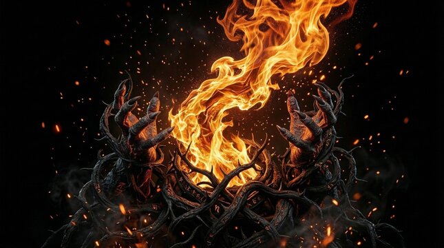 Dark fantasy ritual scene showing twisted root hands summoning a blazing magical flame surrounded by sparks and embers.