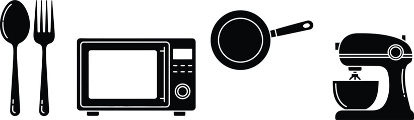 Fototapeta premium Kitchen icon set including microwave, utensils, and appliances silhouette