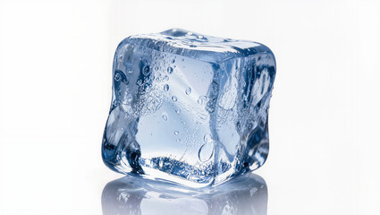 Obraz premium Melting Ice Cube with Water Drops on Reflective Surface