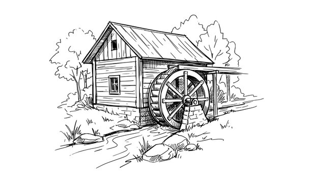 Old wooden water mill by forest river rough hand drawn sketch vector illustration