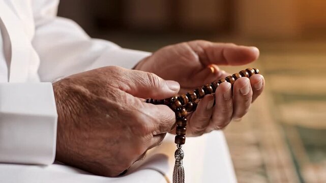Hands holding prayer beads in a serene indoor setting, reflecting meditation and spirituality