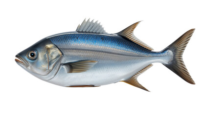 Fototapeta premium High-resolution side profile photograph of a vibrant blue and silver marine fish, highlighting its sleek body, shimmering scales, and powerful fins against a pristine white backdrop