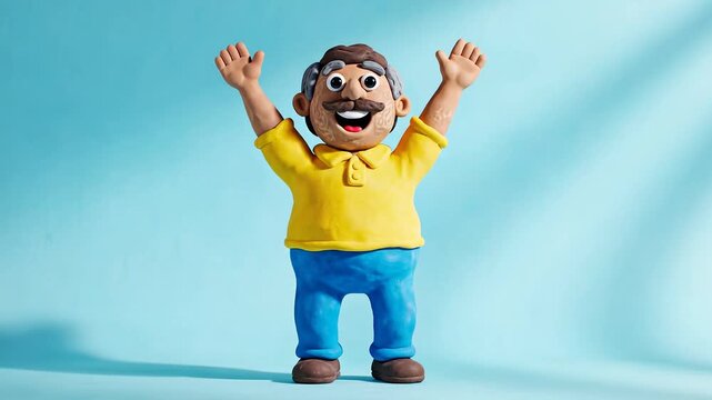 A playful character made of clay, with arms raised in excitement, wearing a yellow shirt and blue pants against a light blue background