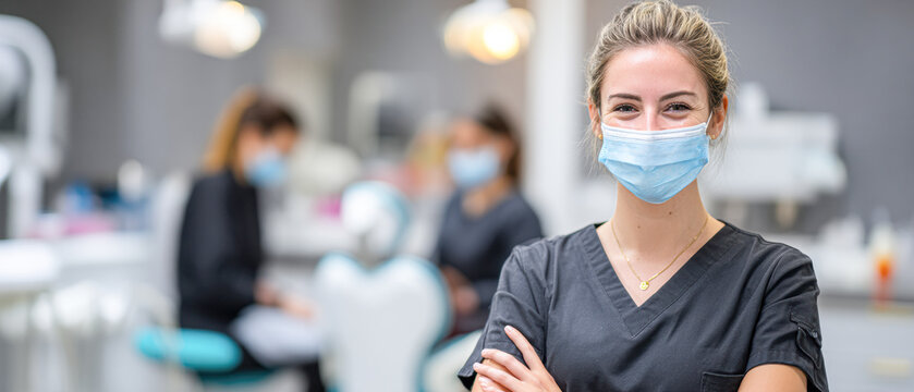 A smiling healthcare professional wearing a mask stands confidently in a medical setting with colleagues attending to a patient in the background.