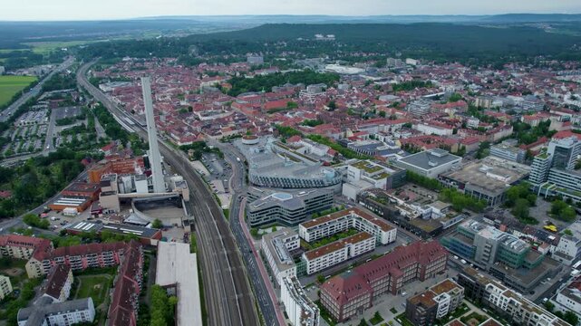 Aerial panoramic view beside the old town of the city Erlangen in Germany, Bavaria on a cloudy spring morning
