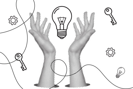 Trendy halftone collage of two hands holding a lightbulb creative mind and brainstorm concept