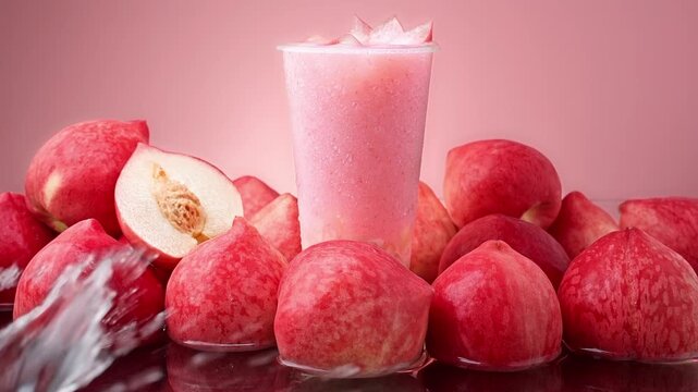 Macro Video of Pink Peach Smoothie surrounded by Fresh Red Peaches on Pink Background, Dynamic Water Splash for Summer Food Ads