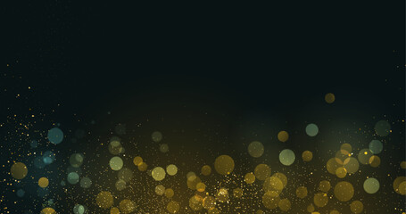 Obraz premium Shiny Festive Background. Abstract Gold Glitter Background. Bokeh and Confetti Design Element for Merry Christmas and Happy New Year Banner, Poster, Card, Website Congratulations. Holiday Party BG.