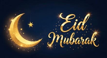 Eid mubarak wishes with crescent moon and star background
