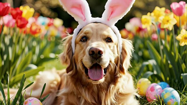 An adorable golden retriever wearing Easter bunny ears captured in cute pet portrait for spring holiday celebration themes