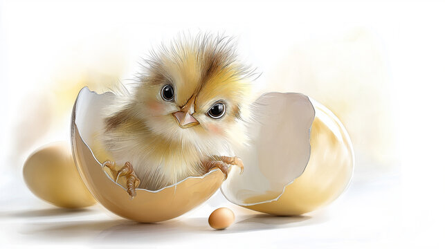 A cute, fluffy chick hatched from an egg on a white background. A delicate spring image symbolizing Easter, new life, birth, warmth, and the charm of nature.