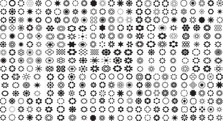 Fototapeta premium Collection of various geometric shapes and floral patterns in black on white background