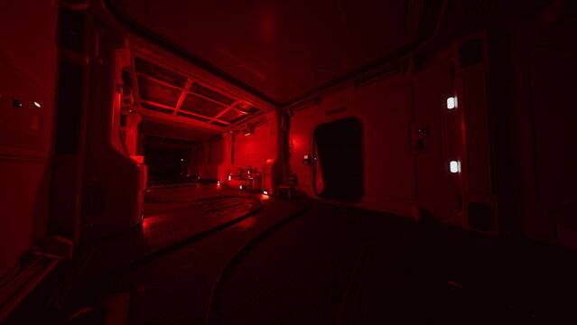red spaceship corridor bathed in emergency light, eerie atmosphere, derelict interior with glowing consoles, bulkhead shadows, alarm panels and vents