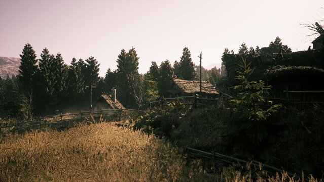 sundrenched ridge of rural homesteads with sparkling thatch highlights, scattered trees, golden grasses in foreground, bright highkey light conveying warm