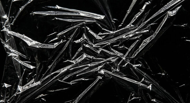 Wrinkled plastic wrap texture on a black background. Cellophane package wallpaper