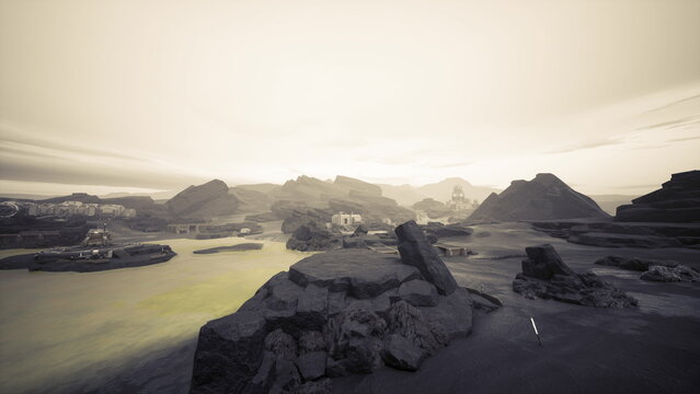 aerial sepia coastal panorama rocky islands, soft golden light and misty horizon create cinematic mood calm sea laps rugged cliffs, winding shoreline