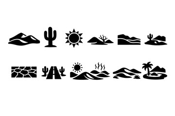 Obraz premium Desert landscape silhouette icon set. Cactus, sun, mountain silhouettes collection.
