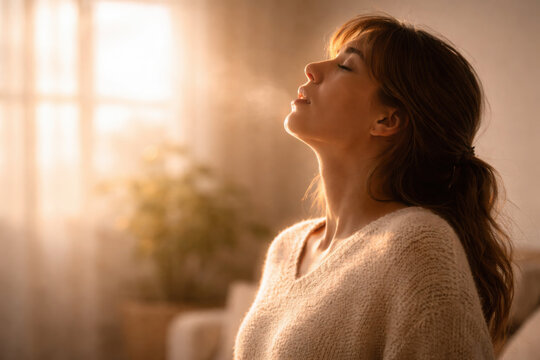 Serene woman experiences moment of tranquility as she breathes in soothing mist, enhancing her somatic sense of relaxation