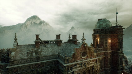 Sweeping rooftop vista with distant peaks and mist, ornate turrets and domes line skyline, warm interior lights peek through windows, atmospheric alpine © icetray