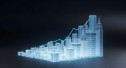 Fototapeta premium A futuristic cityscape with glowing blue lines and bars on a dark background representing data visualization and statistics