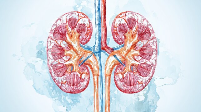 Anatomical Illustration of Human Kidneys with Detailed Vascular Structure