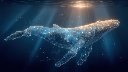 Fototapeta premium Majestic Whale Formed of Constellations Swimming Deep Beneath the Ocean Surface with Sunlight Filtering Through Water
