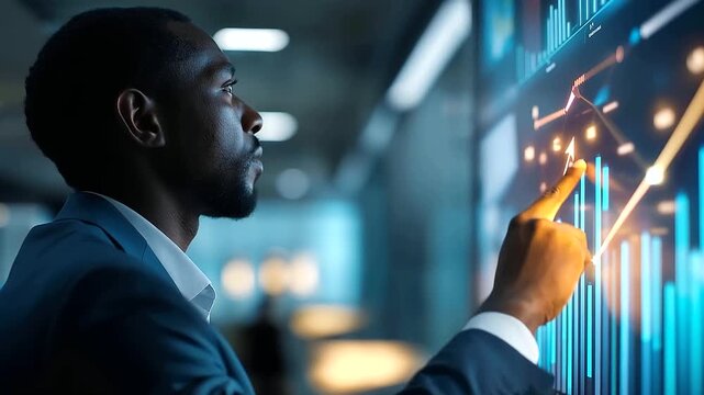 Faceless businessman from behind touching a large glowing virtual display panel the screen showing animated business performance arrows and bar chart columns responding to the