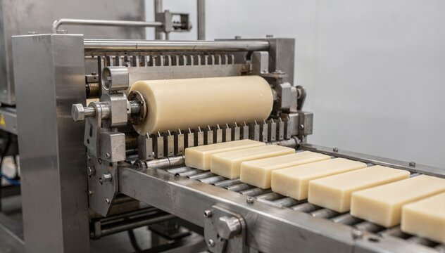 Medium shot of singlelane soap extrusion with plodder pushing soft soap logs through mold cutter precisely slicing equalsized bars in clean industrial setting.