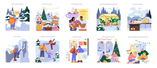 Fototapeta premium Winter Activities Vector Illustration Set with Various Scenes