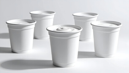 Five white plastic cups filled with a thick, creamy white substance, on a white surface