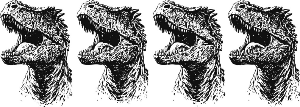 roaring dinosaur head illustration with open jaws in vintage sketch